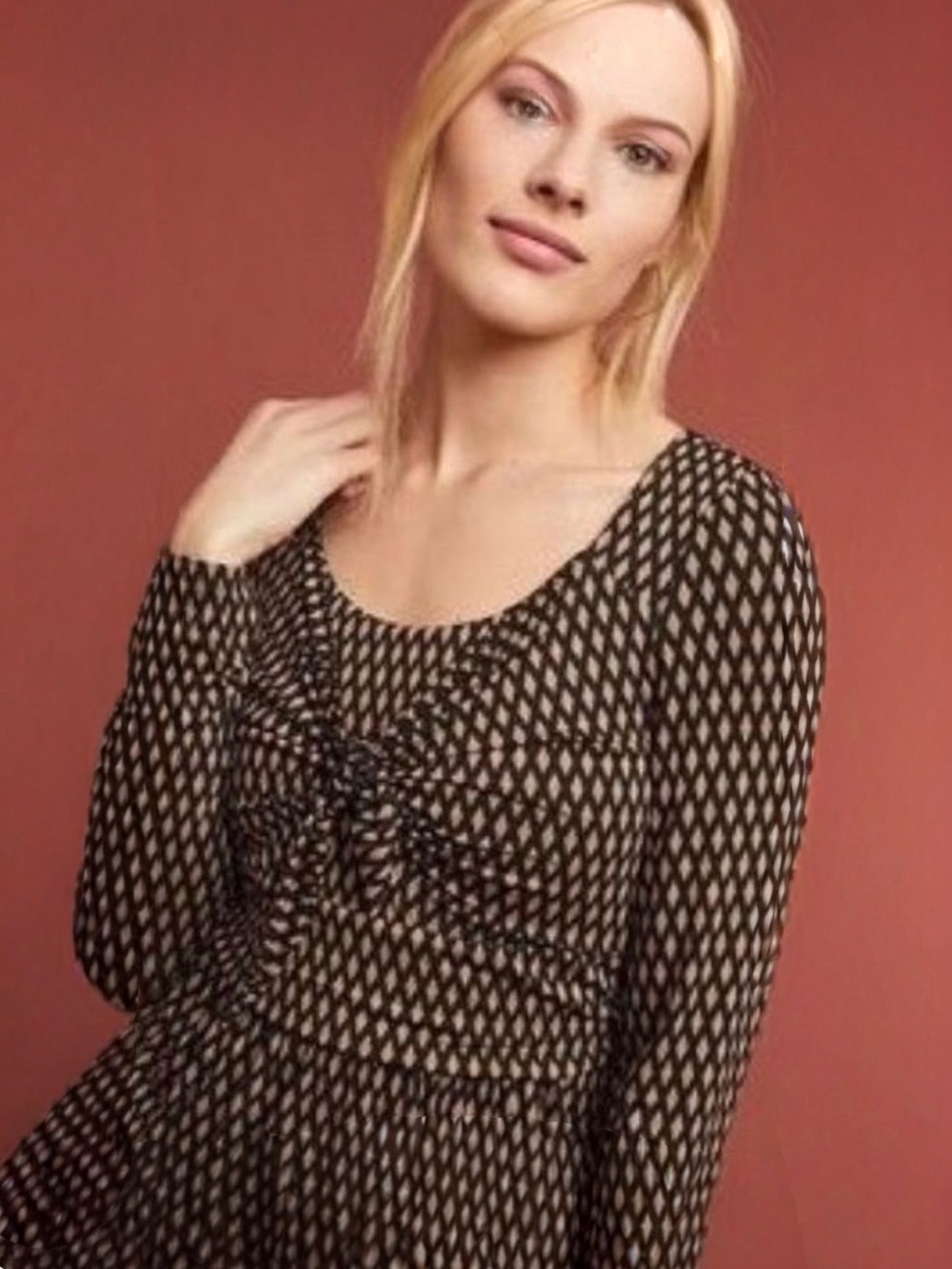 Anthropologie Meadow Rue Diamond Print Tie Front Top Honey NWT M